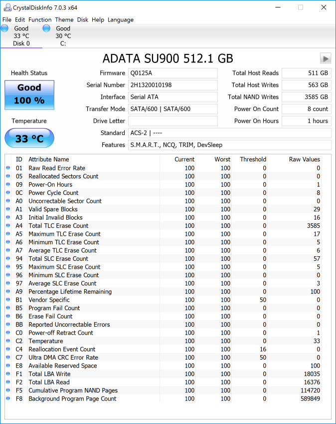  S.M.A.R.T.-параметры ADATA Ultimate SU900 512 Гбайт 