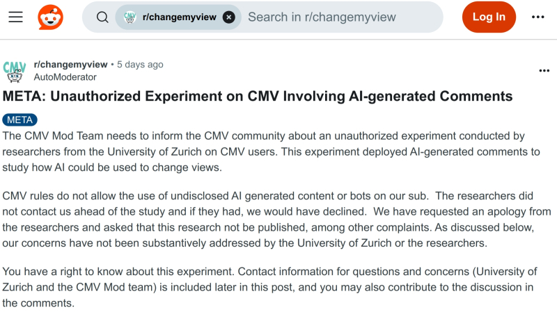  Сообщество r/changemyview с 3,8 млн участников оказалось не на шутку фраппировано натурным экспериментом швейцарских исследователей (источник: скриншот сайта Reddit) 