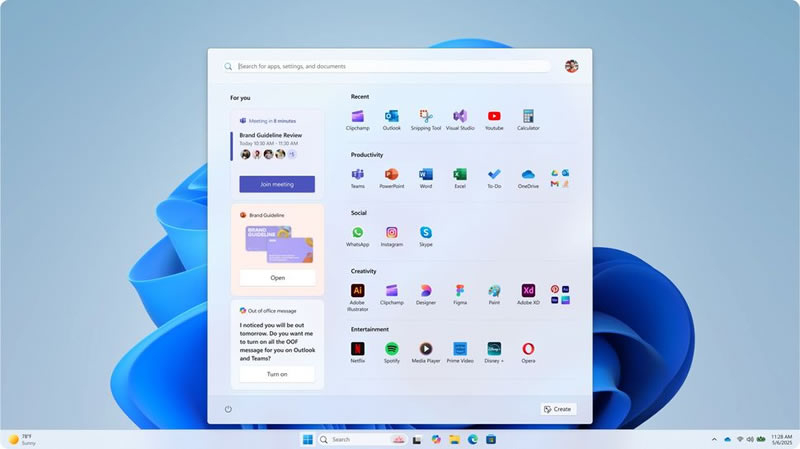 Концепт меню «Пуск» с областью «Для вас». Источник изображения: Microsoft