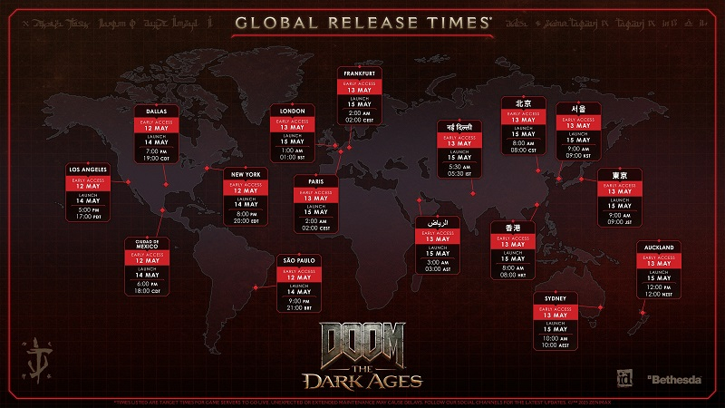  Официальное время выхода Doom: The Dark Ages в разных регионах (источник изображения: Bethesda Softworks) 