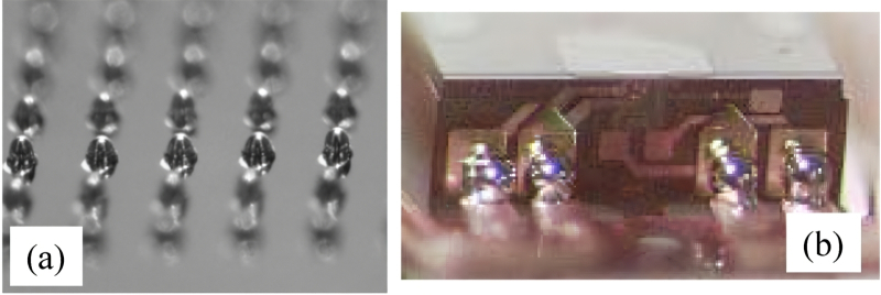  Микроконтакты в виде зерни (solder bumps) изготавливаемые методом струйной печати из расплавленного припоя: (a) — на корпусе микросхемы, (b) — на головке чтения/записи магнитного дискового накопителя (источник: MicroFab Technologies) 
