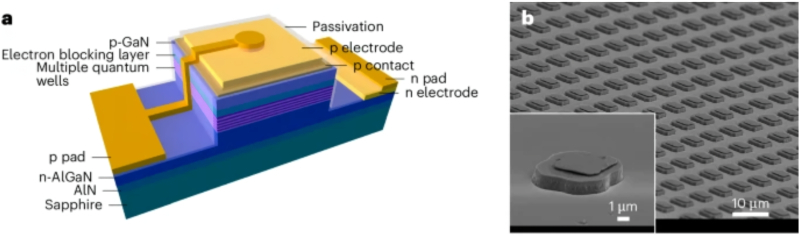 a) схема UVC Micro-LED, выполненного по технологии flip-chip; b) полученное сканирующим электронным микроскопом изображение поверхности микродисплея, составленного их таких светодиодов; во врезке — одиночный UVC Micro-LED с характерными размерами примерно 5×5 мкм (источник: HKUST)
