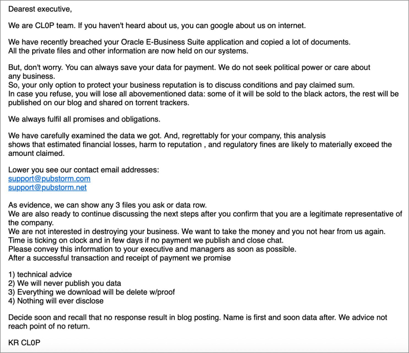  Письмо от хакеров Clop с требованием выкупа, отправленное клиентам Oracle. Источник изображения: Bleeping Computer 