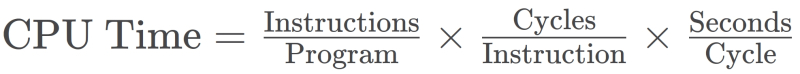  Время, затраченное на исполнение некой программы (обратная к нему величина, кстати, соответствует производительности вычислительной системы), вычисляют как произведение общего числа инструкций в этой программе, среднего количества процессорных циклов, затрачиваемых на исполнение каждой инструкции, и длительности единичного цикла. CISC-подход подразумевает заметное снижение величины третьего сомножителя за счёт некоторого увеличения второго, RISC же — наоборот (источник: Wikimedia Commons) 