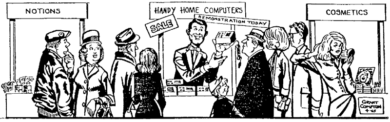  Провидческая, хотя и слегка ироничная, иллюстрация из оригинальной статьи Гордона Мура 1965 г.: художник, которому поручили изобразить миниатюрные «практичные домашние компьютеры» будущего, в целом верно предсказал габариты современных планшетов или смартфонов — за исключением разве что толщины корпуса и занимаемой экраном площади верхней (передней) панели; тут явно показаны устройства без тачскринов, с кнопочным управлением (источник: IEEE) 