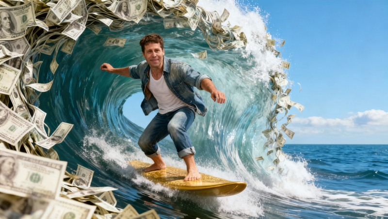  «Пока тебе готовы ссужать больше, чем ты тратишь на выплаты по прошлым долгам, — лови волну!» (источник: ИИ-генерация на основе модели Seedream 4.0) 