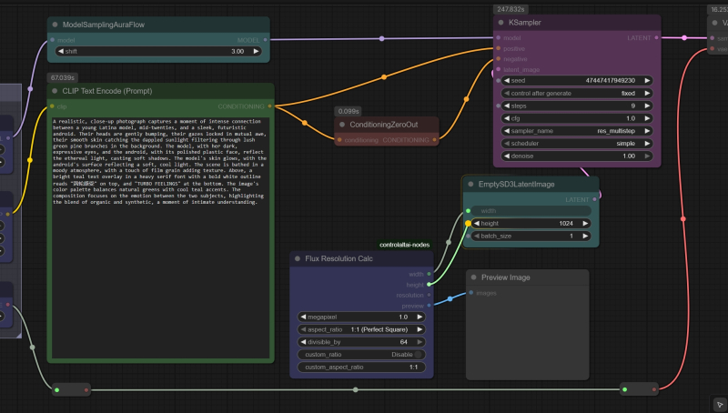  Чтобы соединить выход ноды «Flux Resolution Calc» со входами для ширины и высоты на ноде «EmptySD3LatentImage», достаточно мышкой потащить линию от выходной точки и подвести её к нужному полю ввода, — то автоматически преобразуется в точку входа. Удобно! 