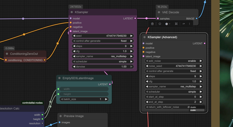  Для начала рядом с рабочей нодой «KSampler» открываем «KSampler (Advanced)» и переносим те значения, что указаны в первой. Обязательно нужно выставить параметр «end at step» в значение «2», а в самом низу указать «enable», чтобы на следующую ноду недогенерированная (2 шага из 9) картинка передавалась с остаточным шумом 
