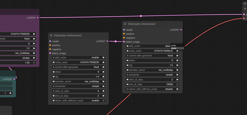  Вторая нода «KSampler (Advanced)» завершает начатое первой, и от неё выход идёт уже на стандартную ноду «VAE Decode» для преобразования готового латентного изображения в пиксельное. Здесь параметру «start at step» следует придать значение «2», а «add noise» (самый верхний) — «disable» 
