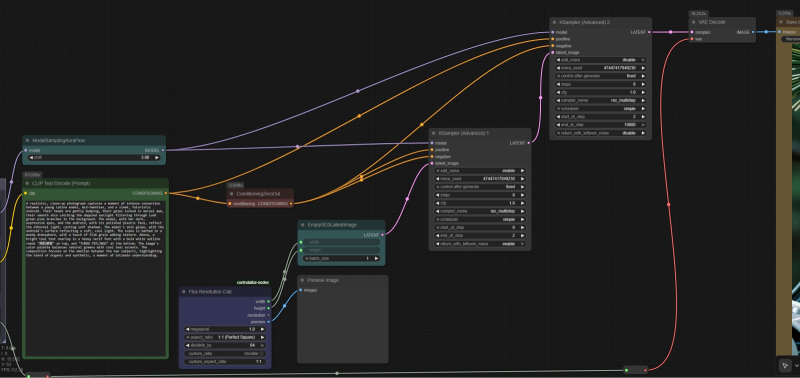  Общий вид связей в узле генерации изображения усложнённой циклограммы. Обратите внимание: на вход ноды «VAE Decode» параметр «vae» подаётся с выхода загружающей эту модель ноды «Load VAE» (она осталась за левым обрезом картинки) через две служебные мини-ноды перенаправления, «Reroute». Сделано это исключительно ради пущей наглядности: так соединительные линии не пересекаются, и циклограмма читается без особого труда 