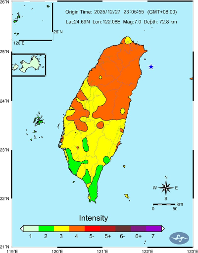  Карта интенсивности землетрясения на Тайване 27 декабря. Источник изображения: Центральное метеорологическое управление Тайваня 