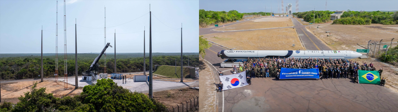  Вид на стартовую платформу INNOSPACE и члены команды INNOSPACE вместе с представителями ВВС Бразилии и Бразильского космического агентства на фоне первой коммерческой ракеты-носителя HANBIT-Nano в Космическом центре Алькантара в Бразилии. Фото INNOSPACE 