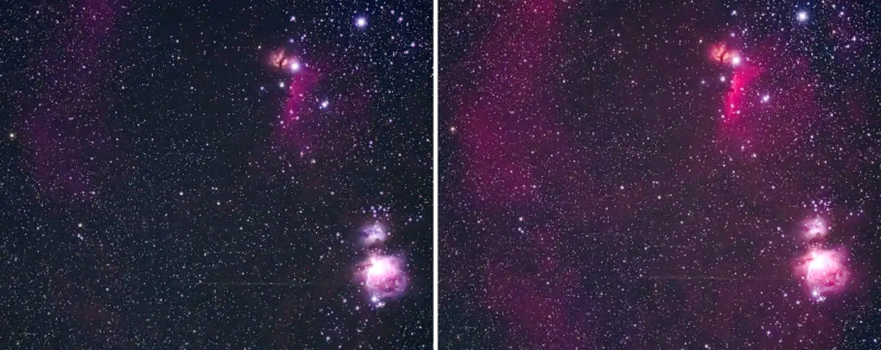  Слева &mdash; фото стандартной камерой OM-3, справа &mdash; версией OM-3 Astro 