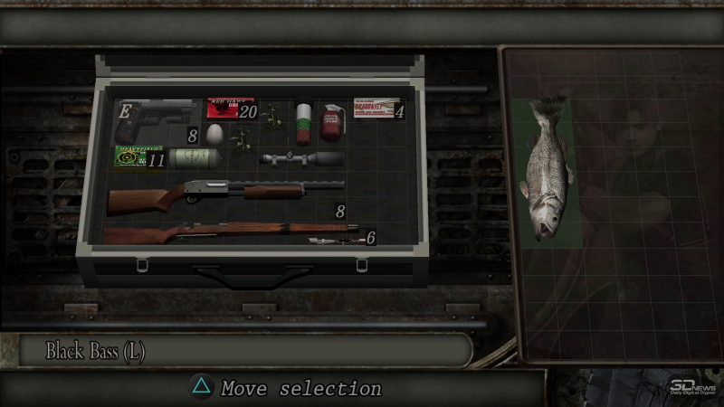  Помимо прочего, RE4 представила классную систему инвентаря, где можно было вертеть предметы как в &laquo;Тетрисе&raquo;. Чтобы, например, уместить гигантскую рыбину 