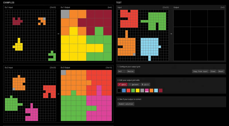  Одна из предлагаемых ARC задач на абстракцию и способность к рассуждению: абстрактные правила, задающие в данном случае взаимное расположение фигур на плоскости без наложений и пустот, ИИ должен вывести &mdash; сам для себя &mdash; всего из нескольких примеров (источник: ARC Prize Foundation) 