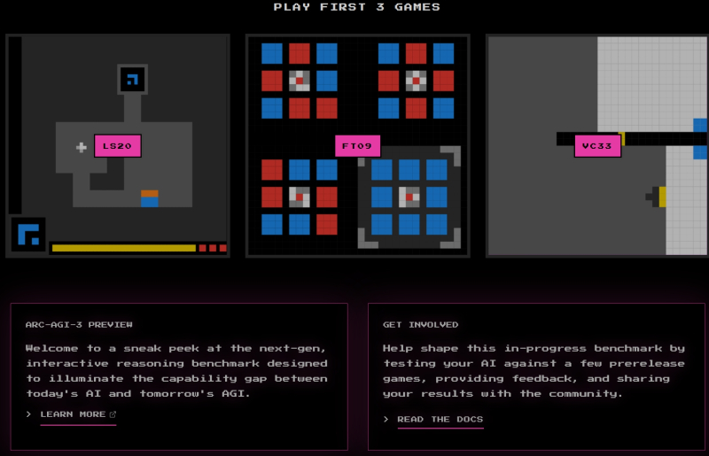  Желающие могут самолично испробовать предварительную версию ARC-AGI-3 на three.arcprize.org: только имейте в виду, что для этих мини-игр нет инструкций &mdash; придётся самостоятельно разбираться с управлением, открывать для себя правила и обнаруживать, к какой именно конечной цели следует двигаться (источник: ARC Prize Foundation) 