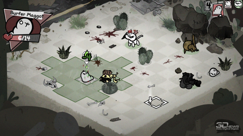  Когда у кота закончится здоровье в бою, он потеряет сознание и получит травму &mdash; перманентный штраф к случайной характеристике. Но если противник уничтожит тело, то, увы, это конец для хвостатого 