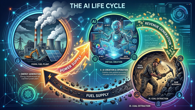 Интеллекты делятся на те, что потребляют электроэнергию, повышая глобальную производительность труда, &mdash; и те, что копают уголёк (источник: ИИ-генерация на основе модели Nano Banana 2) 
