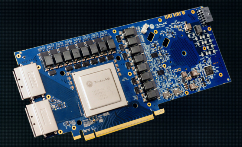  В феврале стартап Taalas, занятый разработкой специализированных под конкретные БЯМ (hard-wired) серверных вычислителей провёл очередной раунд финансирования и привлёк 169 млн долл.; здесь показан созданный им демонстратор технологий для инференса модели Llama 3.1 8B: техпроцесс TSMC &laquo;6 нм&raquo;, площадь чипа 815 кв. мм, 53 млрд транзисторов (источник: Taalas) 