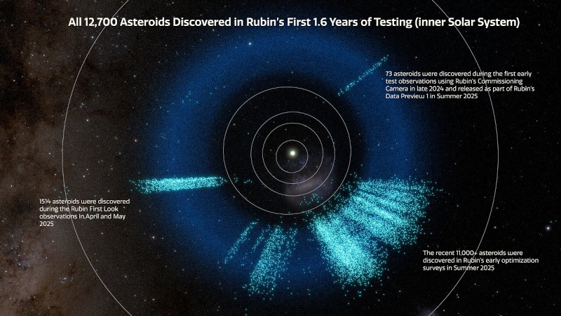  Схема внутренней части Солнечной системы показывает почти 12700 астероидов, обнаруженных обсерваторией им. Веры Рубин за 1,6 года: новые объекты выделены светло-бирюзовым, а ранее известные &mdash; тёмно-синим цветом 