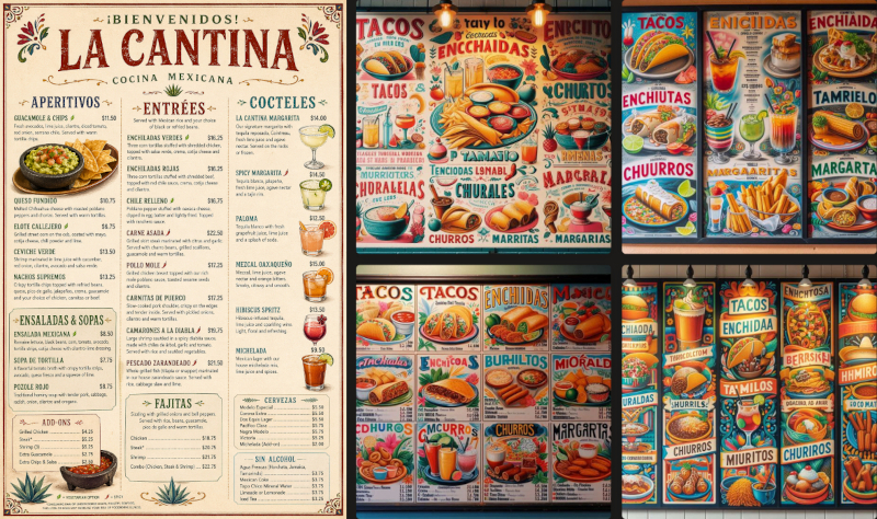  Слева &mdash; меню, сгенерированное ChatGPT Images 2.0: все надписи читаемы, ни одного выдуманного слова. Справа &mdash; три варианта от Microsoft Designer на основе DALL-E 3: &laquo;Enchidas&raquo;, &laquo;Tamrielo&raquo;, &laquo;Churiros&raquo;, &laquo;Margartas&raquo; и десятки других искажений. Источник изображений: ChatGPT Images 2.0, Microsoft Designer (DALL-E 3) / techcrunch.com 