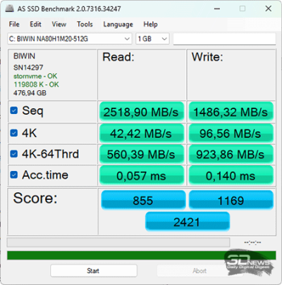  AS SSD Benchmark (от аккумулятора) 