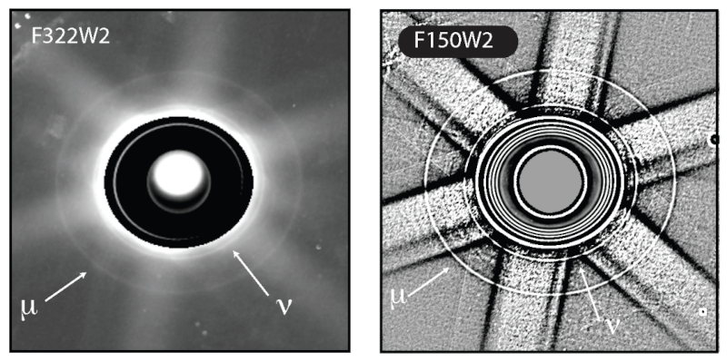  Кольца мю (&mu;) и ню (&nu;) Урана на снимках &laquo;Джеймса Уэбба&raquo; (февраль 2025 года). Слева яркость планеты и основных колец снижена в 100 раз, справа применён высокочастотный фильтр для выделения внешних колец 