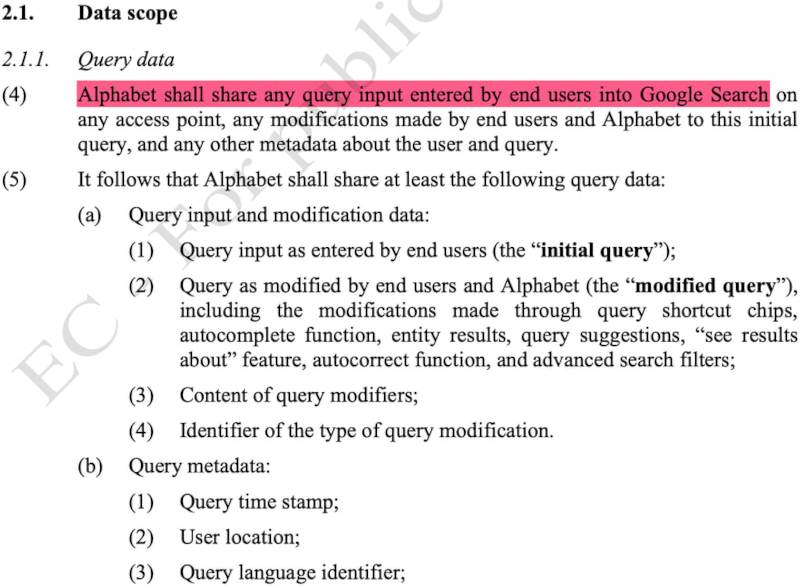  Фрагмент проекта Европейской комиссии, в котором выделено требование к Alphabet передавать любые введённые пользователями поисковые запросы в Google Search, включая модификации запросов и метаданные. Источник изображения: blog.lukaszolejnik.com 