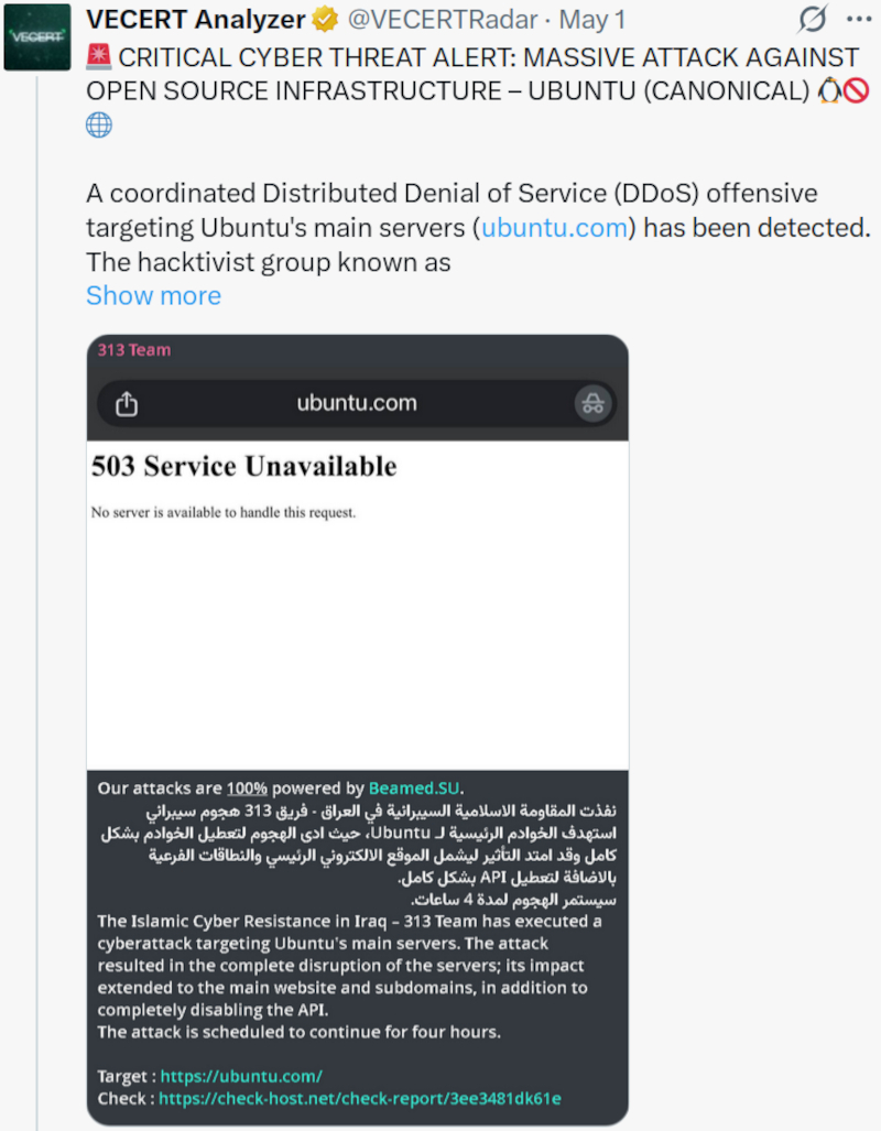  Заявление хакерской группировки 313 Team об ответственности за DDoS-атаку на серверы Ubuntu с использованием платформы Beamed.SU. Источник изображения: @VECERTRadar / x.com 