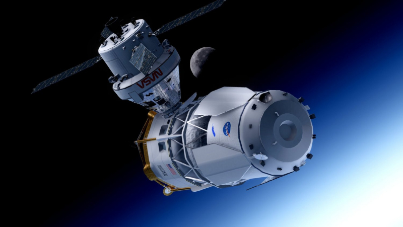  Стыковка космического корабля Orion с лунным модулем Blue Moon Mk 2 на низкой околоземной орбите. Графика https://x.com/Physics_on_KSP 
