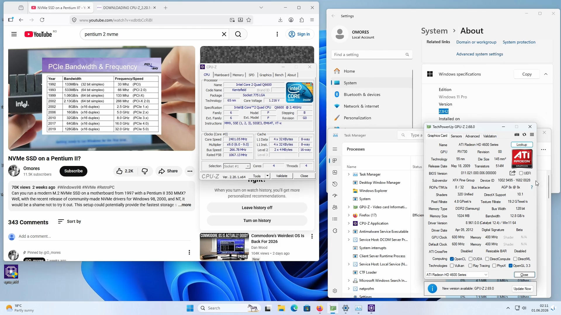 Энтузиаст запустил Windows 11 на компьютере с памятью DDR, чипом Intel Core 2 Quad и видеокартой Radeon HD 4650
