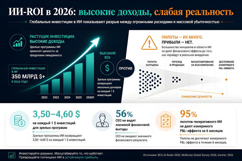  Возврат инвестиций (ROI) даже для наиболее успешно внедривших ИИ в свои бизнес-процессы компаний (а доля их крайне невелика!) не превышает 5:1 &mdash; что вовсе не похоже на обещанные евангелистами искусственного разума златые горы (источник: инфографика скомпилирована GPT-6 Luna на основе данных masterofcode.com/blog/ai-roi) 